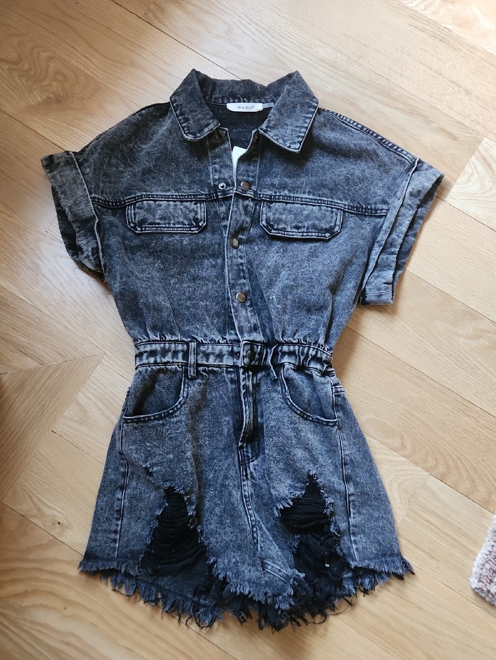 Idem Ditto Ash Black Distresses Acid Washed Elastic Waist Romper